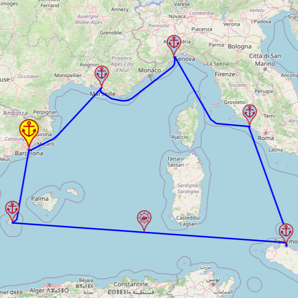 Rejs po Zachodnim Morzu Śródziemnym z/do Barcelony, 7 nocy – Costa Smeralda 17.08 – 24.08 – mini mapa rejsu