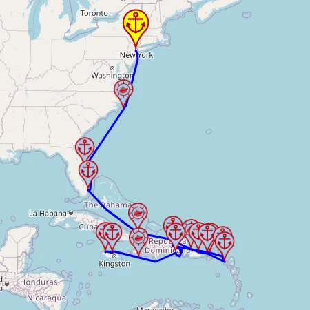 Wschodnie Wybrzeże USA i karaibskie słońce – z Bayonne do Montego Bay, 18 nocy – Mein Schiff 1 22.10 – 09.11 – mini mapa rejsu