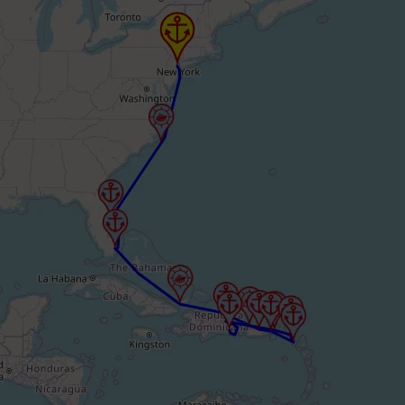 Wschodnie Wybrzeże USA i Karaibskie Słońce – z Bayonne do La Romana, 15 nocy – Mein Schiff 1 22.10 – 06.11 – mini mapa rejsu