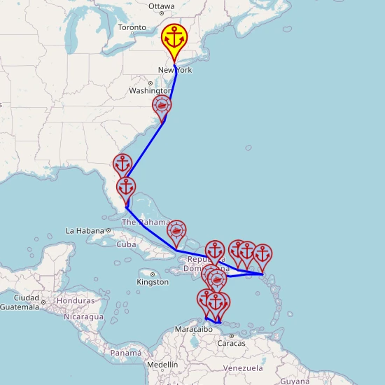 Wschodnie Wybrzeże USA i Karaibskie Słońce - z Bayonne do La Romana mapa