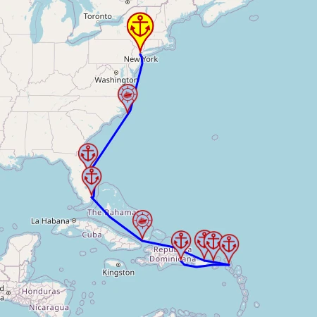 Wschodnie Wybrzeże USA i Karaibskie Słońce - z Bayonne do La Romana mapa