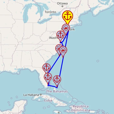 Floryda i Bahamy – z i do Bayonne (Nowy Jork), 10 nocy – Mein Schiff 1 12.10 – 22.10 – mini mapa rejsu