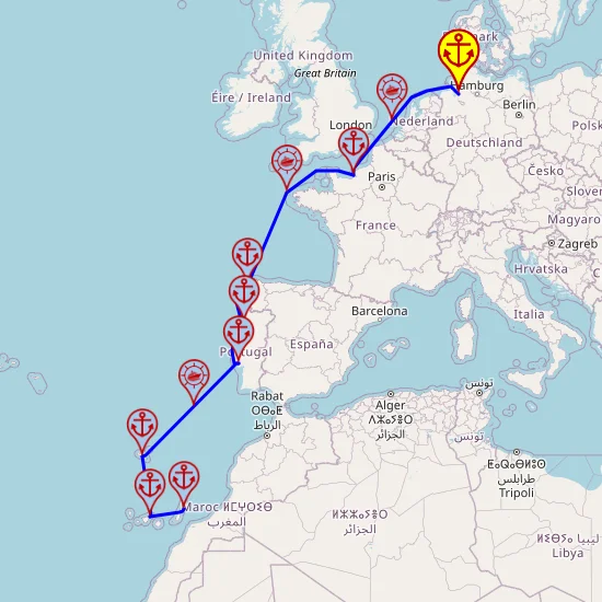 Zachodnie wybrzeże Europy i Wyspy Kanaryjskie – z/do Bremerhaven mapa