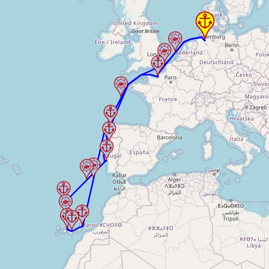 Ponadczasowe Wyspy Kanaryjskie – z/do Bremerhaven, 18 nocy – Mein Schiff 3 23.12 – 10.01 – mini mapa rejsu