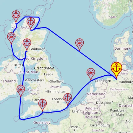 Zachodnie wybrzeże Wielkiej Brytanii i Szkocji - z i do Bremerhaven mapa
