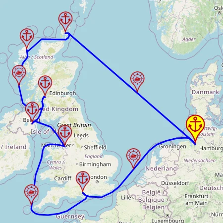 Skarby Wielkiej Brytanii – z i do Bremerhaven, 11 nocy – Mein Schiff 2 16.05 – 27.05 – mini mapa rejsu