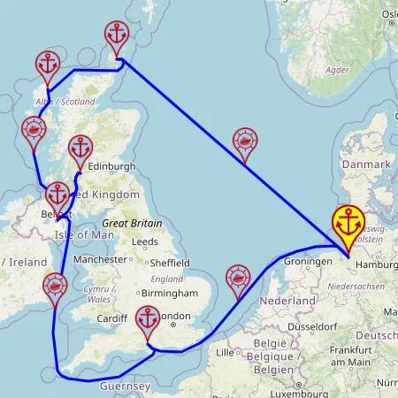 Nordyckie piękno Wielkiej Brytanii – z/do Bremerhaven, 10 nocy – Mein Schiff 2 30.08 – 09.09 – mini mapa rejsu