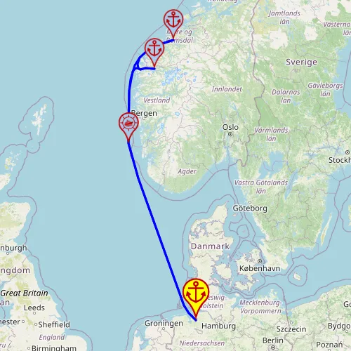 Chwile wytchnienia wśród fiordów – z/do Bremerhaven, 5 nocy – Mein Schiff 2 11.05 – 16.05 – mini mapa rejsu