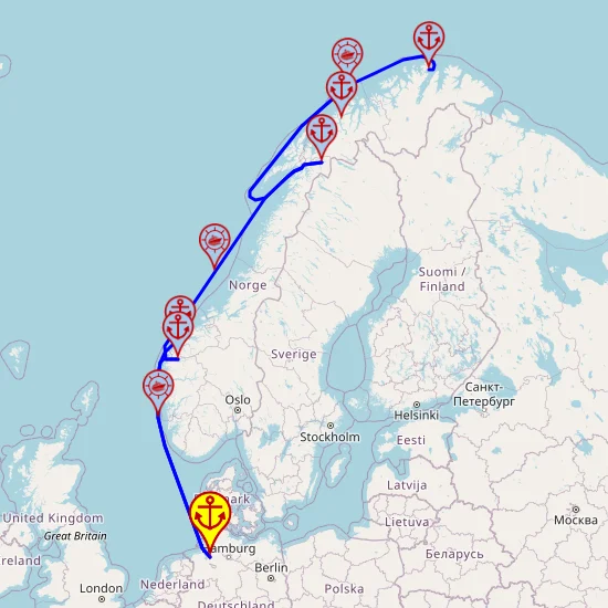 Magiczna Norwegia – z i do Bremerhaven, 14 nocy – Mein Schiff 3 14.11 – 28.11 – mini mapa rejsu
