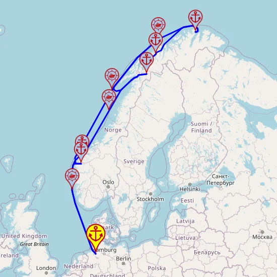 Zimowa Norwegia – z/do Bremerhaven, 14 nocy – Mein Schiff 3 14.02 – 28.02 – mini mapa rejsu