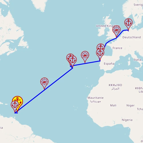 Przerwa na Atlantyku – z Bridgetown do Bremerhaven, 17 nocy – Mein Schiff 2 19.04 – 06.05 – mini mapa rejsu