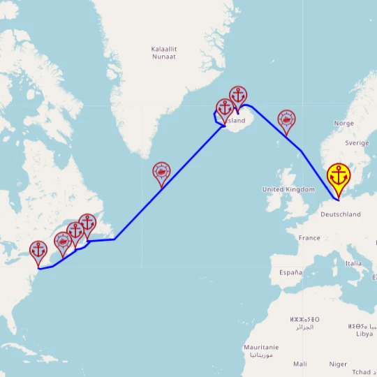 Rejs transatlantycki do USA – z Hamburga do Bayonne mapa