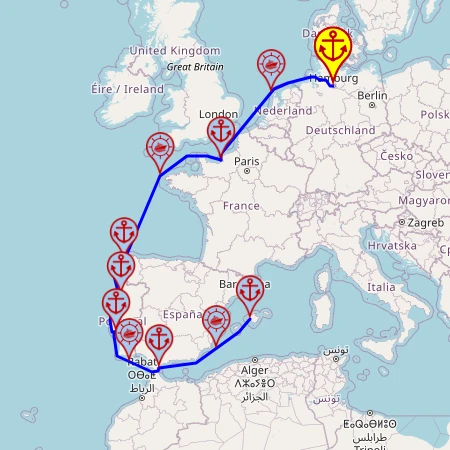 Zachodnie wybrzeże Europy – z Hamburga do Palmy mapa
