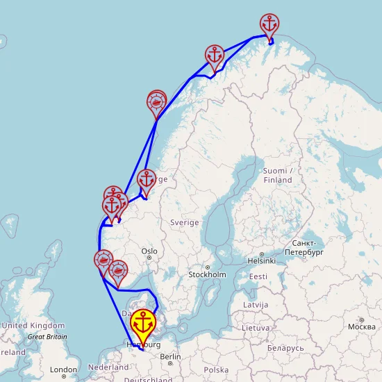 Norweskie światy fiordów z Przylądkiem Północnym – z Hamburga do Kilonii, 12 nocy – Mein Schiff 1 01.06 – 13.06 – mini mapa rejsu