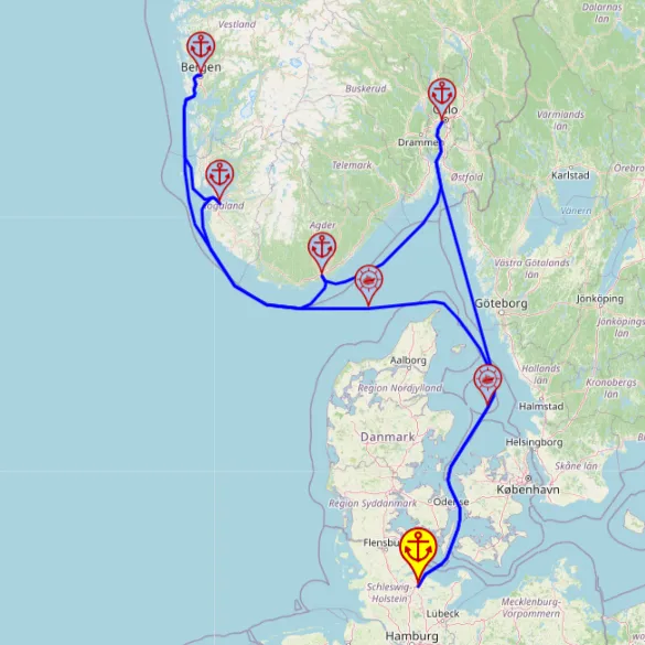 Różnorodność Norwegii – z i do Kiel, 7 nocy – Mein Schiff 3 02.12 – 09.12 – mini mapa rejsu