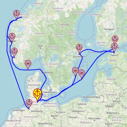 Magiczna Norwegia i metropolie Morza Bałtyckiego – z Kiel do Bremerhaven, 14 nocy – Mein Schiff 3 09.12 – 23.12 – mini mapa rejsu