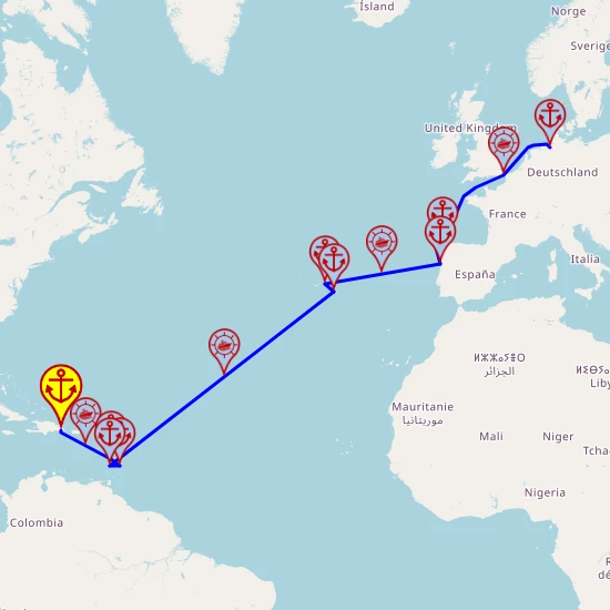 Czas na relaks: Ocean Atlantycki – z La Romana do Bremerhaven, 20 nocy – Mein Schiff 2 16.04 – 06.05 – mini mapa rejsu
