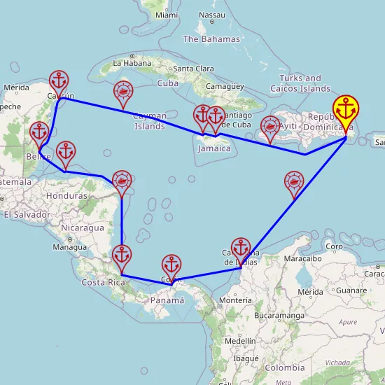 Najlepsze z Ameryki Środkowej – z i do La Romana, 14 nocy – Mein Schiff 1 06.11 – 20.11 – mini mapa rejsu