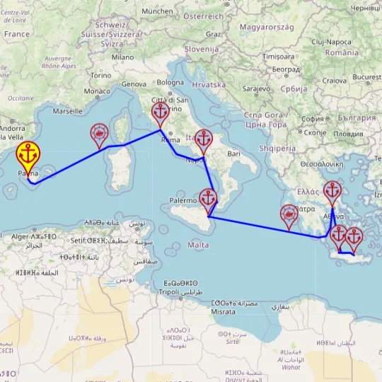 Bella Italia i Grecja – z Palmy do Heraklionu, 8 nocy – Mein Schiff 5 08.04 – 16.04 – mini mapa rejsu