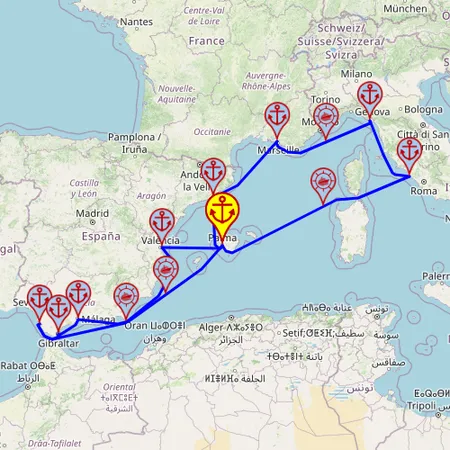 Najważniejsze atrakcje Zachodniego Morza Śródziemnego – z/do Palmy, 14 nocy – Mein Schiff 4 01.11 – 15.11 – mini mapa rejsu