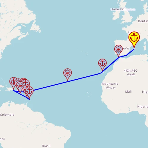 Transatlantyk – z Palmy do Bridgetown, 17 nocy – Mein Schiff 2 16.10 – 02.11 – mini mapa rejsu