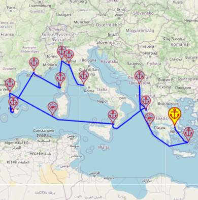 Rejs po Zachodnim Morzu Śródziemnym z Pireusu / Aten do Civitavecchia / Rzymu, 14 nocy – Sun Princess 22.08 – 05.09 – mini mapa rejsu