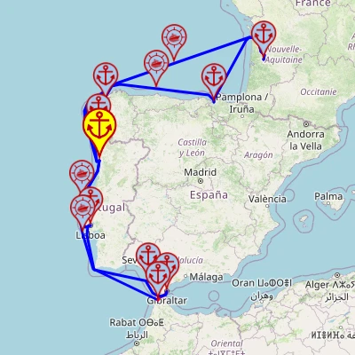 Wokół Półwyspu Iberyjskiego – z/do Leixões (Porto), 14 nocy – Mein Schiff 6 29.07 – 12.08 – mini mapa rejsu