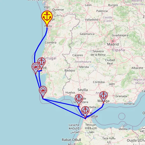 Czas letni na zachodnim wybrzeżu z Marokkiem – z/do Leixões (Porto), 7 nocy – Mein Schiff 6 22.07 – 29.07 – mini mapa rejsu