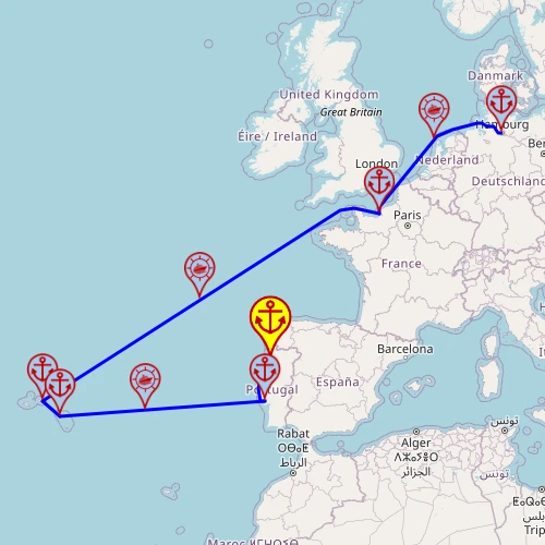 Świat przygody na Azorach – z Leixões do Hamburga, 11 nocy – Mein Schiff 6 19.08 – 30.08 – mini mapa rejsu