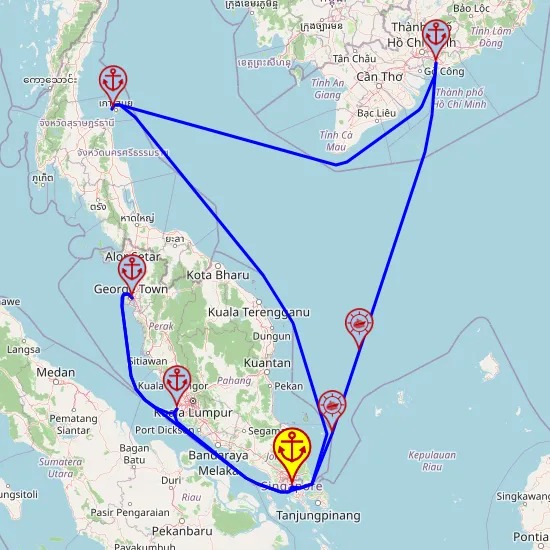 Święta w Azji Południowo-Wschodniej – z/do Singapuru, 13 nocy – Mein Schiff 6 23.12 – 05.01 – mini mapa rejsu