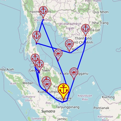 Fascynacja Azją Południowo-Wschodnią – z i do Singapuru, 14 nocy – Mein Schiff 6 09.12 – 23.12 – mini mapa rejsu