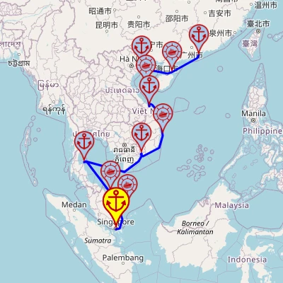 Azja Południowo-Wschodnia i Wietnam – z Singapuru do Hongkongu, 14 nocy – Mein Schiff 6 16.03 – 30.03 – mini mapa rejsu