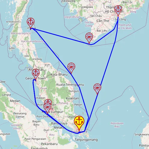 Fascynacja Azją Południowo-Wschodnią – z i do Singapuru, 13 nocy – Mein Schiff 6 20.01 – 02.02 – mini mapa rejsu