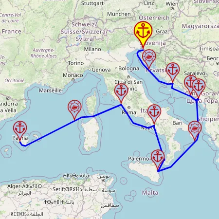 Perły Adriatyku i największe atrakcje Włoch – z Triestu do Palmy, 10 nocy – Mein Schiff 4 11.10 – 21.10 – mini mapa rejsu